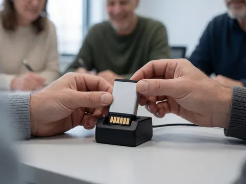 Close-up of hands placing a camera battery into a black charger on a white table with blurred office background