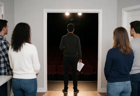 Back view of an actor on stage looking toward empty red chairs while a group observes the theater workshop