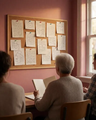 Students in a theater workshop reviewing scripts on a wooden board against a pink wall with natural window light