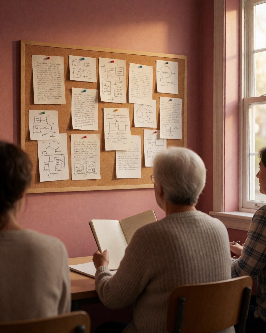 Students in a theater workshop reviewing scripts on a wooden board against a pink wall with natural window light