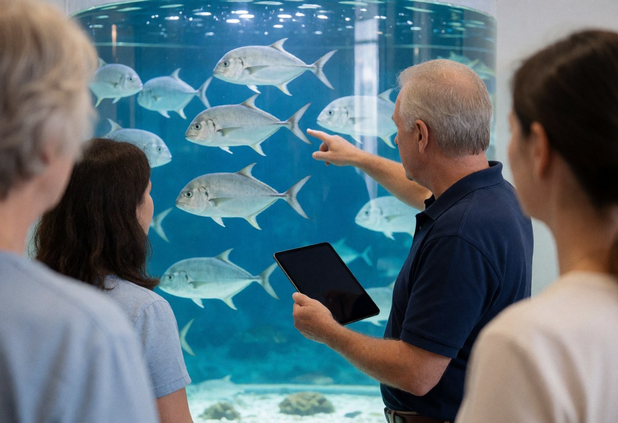 Educator pointing at trevally with tablet while visitors watch attentively