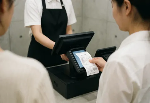 Cashier at an amusement park center issuing a receipt to a customer at a payment terminal with concrete walls in the background.