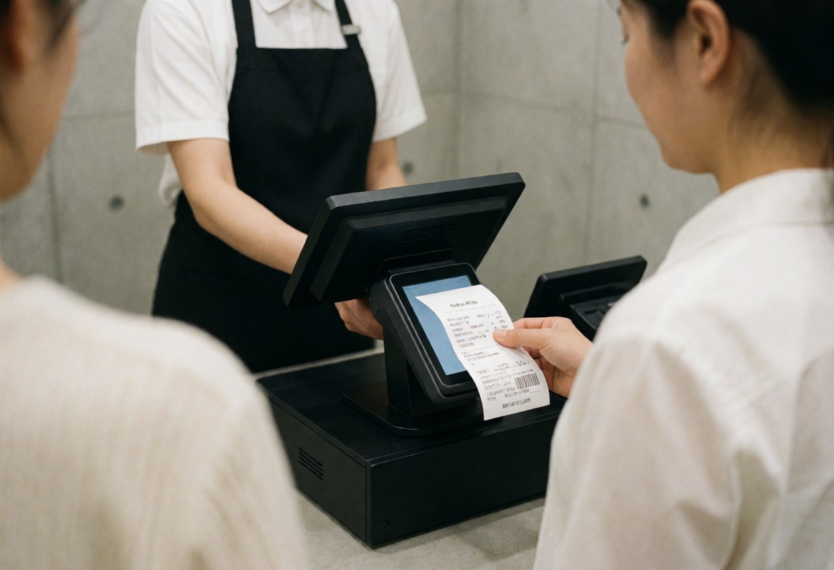 Cashier at an amusement park center issuing a receipt to a customer at a payment terminal with concrete walls in the background.