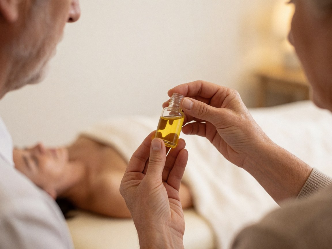 Close-up of therapist hands holding an essential oil bottle above a reflexology treatment table with soft lighting