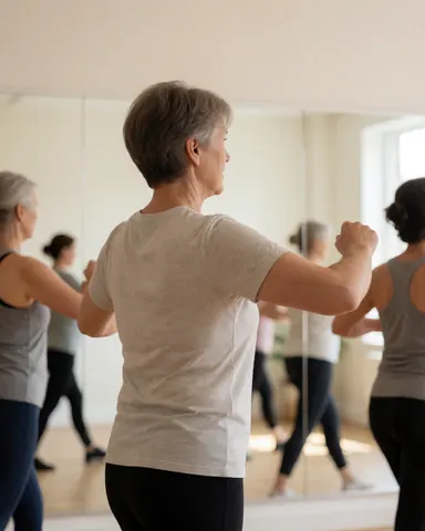 Adult woman in dance class moving arms in front of mirrors with natural light and athletic wear in a dance studio