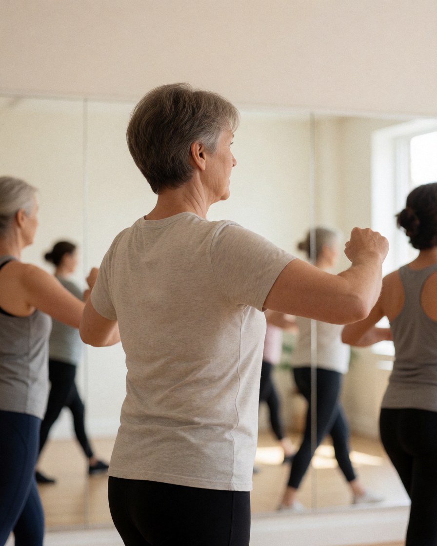 Adult woman in dance class moving arms in front of mirrors with natural light and athletic wear in a dance studio