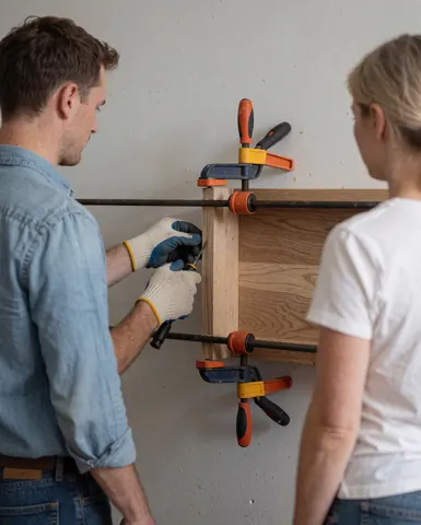 A carpenter wearing gloves applies wood glue to a joint while clamps hold the pieces together and a client observes the process.