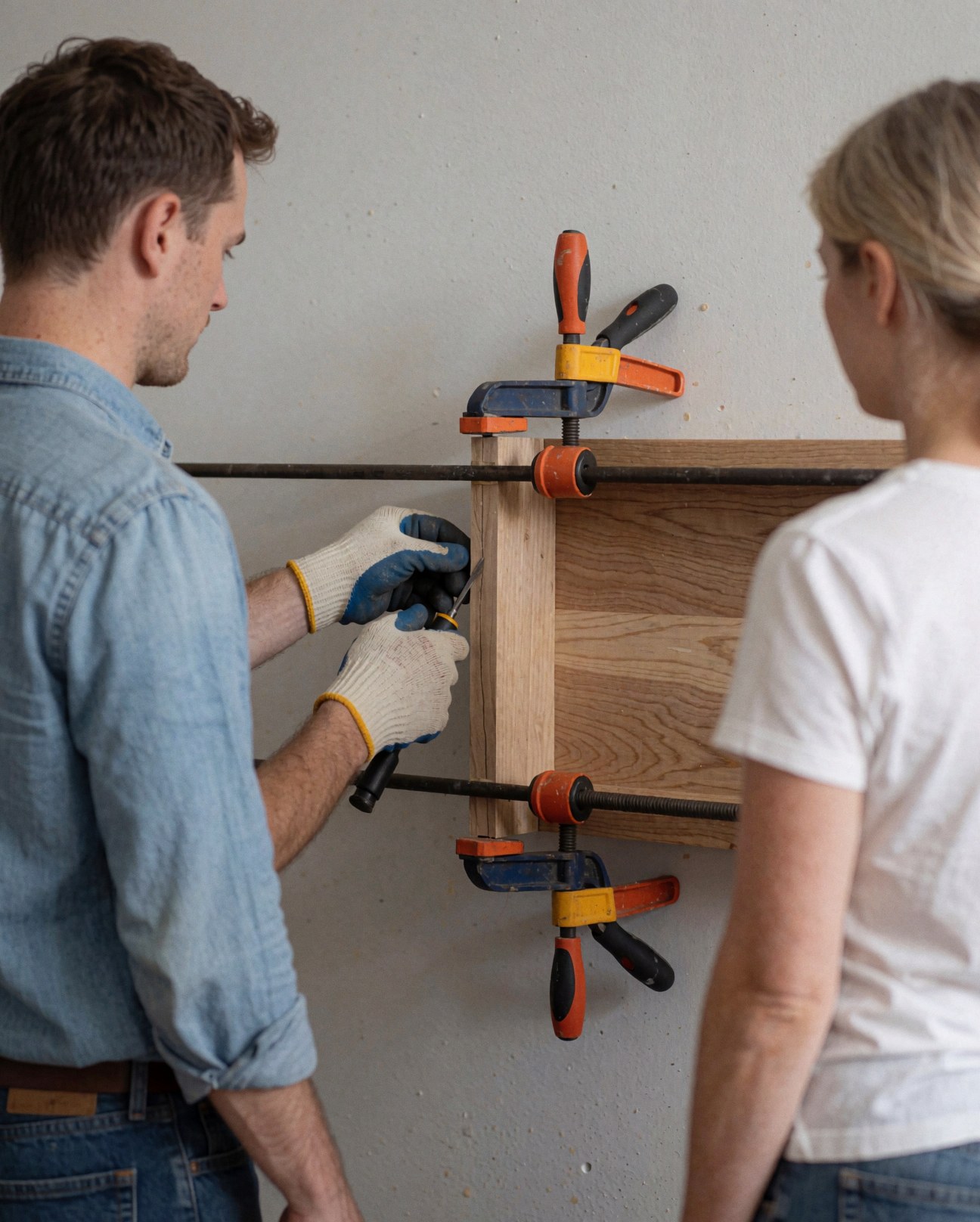 A carpenter wearing gloves applies wood glue to a joint while clamps hold the pieces together and a client observes the process.