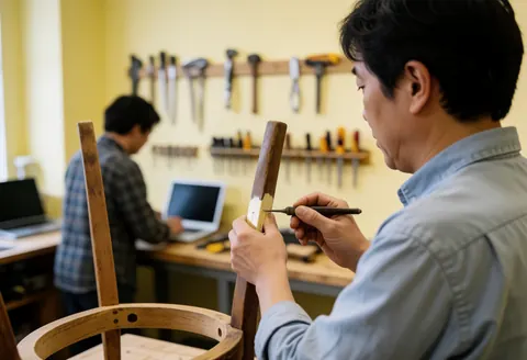 Carpenter applying glue to a wooden chair in a workshop with tools hanging on a cream wall