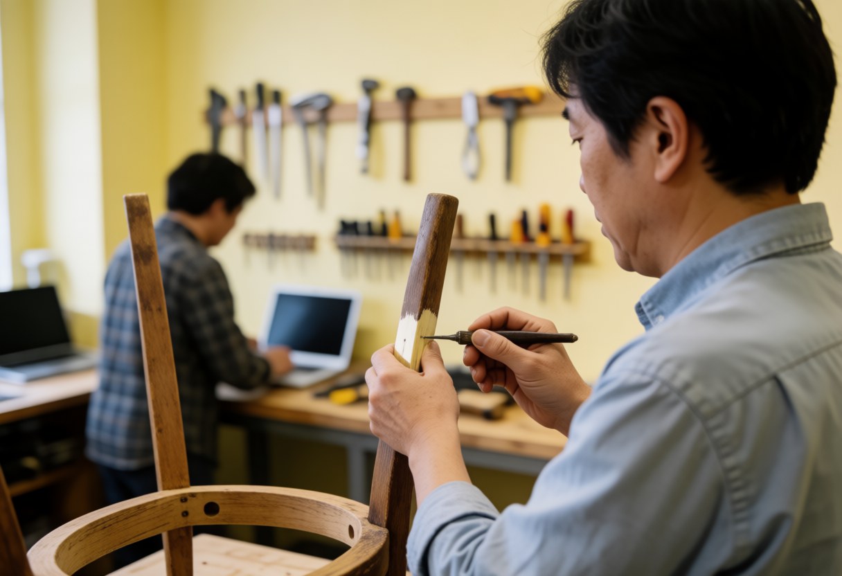 Carpenter applying glue to a wooden chair in a workshop with tools hanging on a cream wall