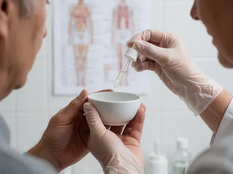 A gloved hand dispenses a drop of solution into a white bowl in a homeopathy clinic.