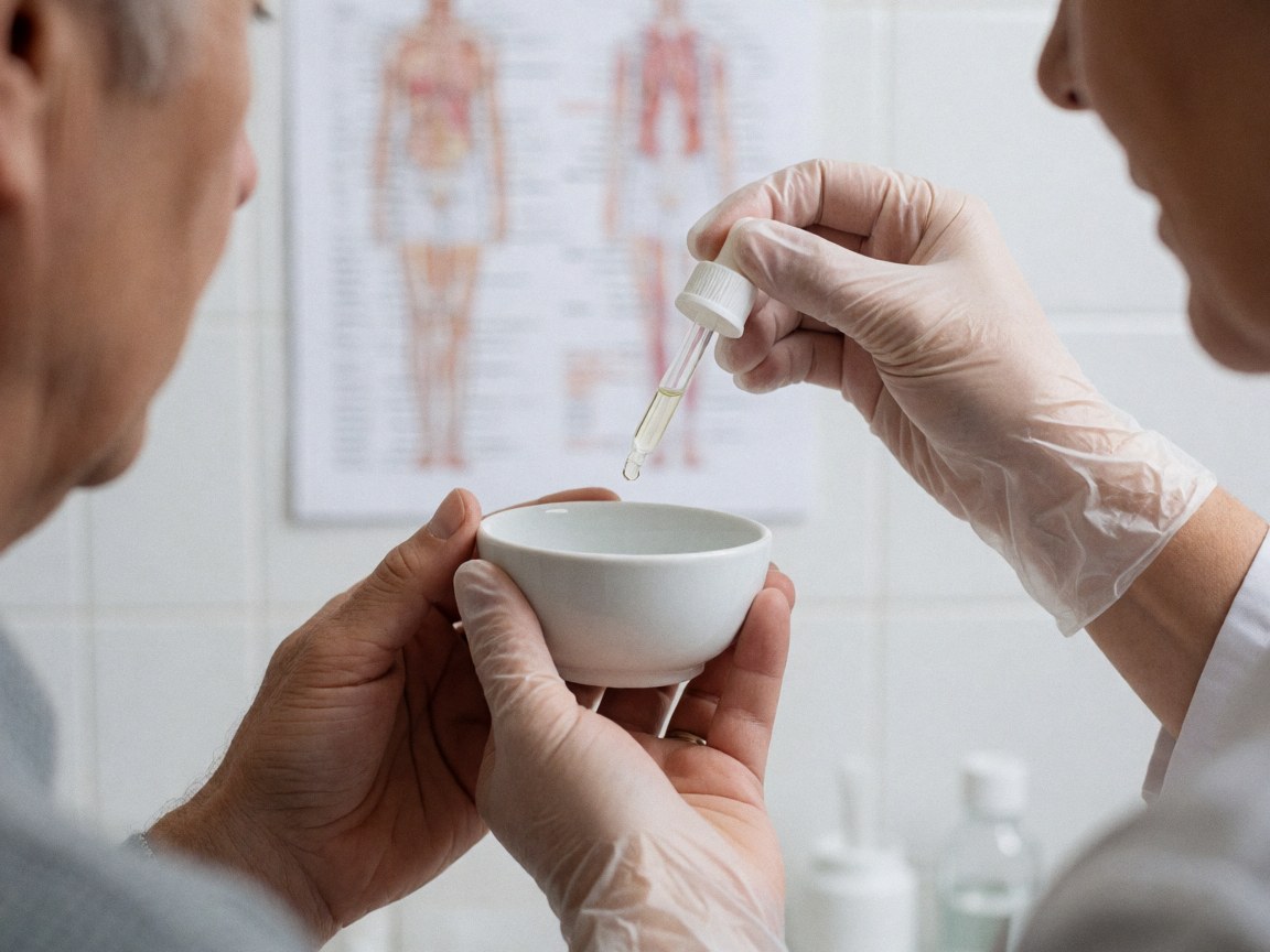 A gloved hand dispenses a drop of solution into a white bowl in a homeopathy clinic.