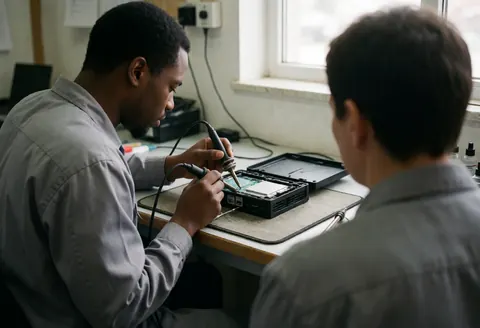 Technician using a soldering iron to repair a game console in a workshop with natural light