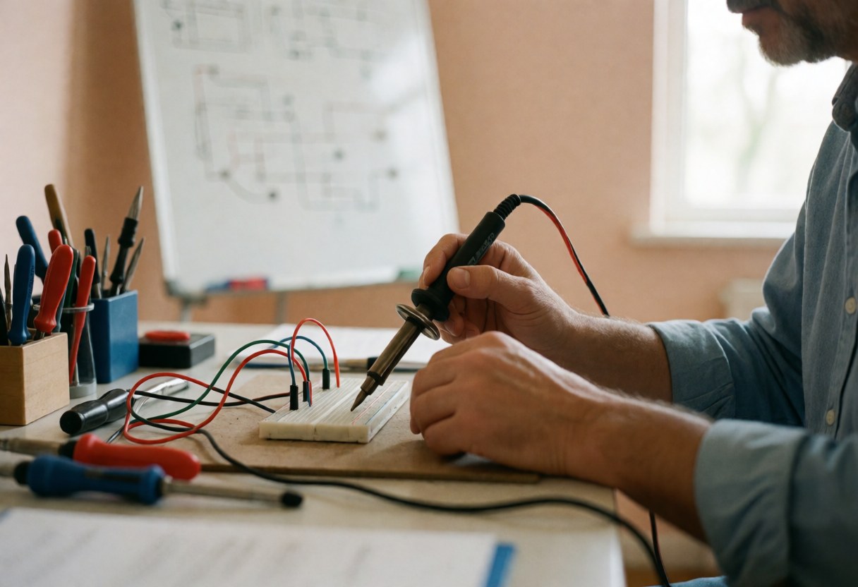 Close-up of hands soldering a circuit board in a robotics workshop with tools and diagrams visible on a chalkboard in natural light
