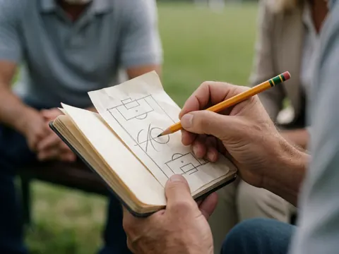 Close-up of a hand sketching a soccer tactical diagram on paper with players seated in the background