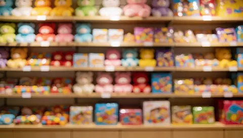 Out-of-focus shelves filled with dolls and gift boxes in a toy store, featuring warm lighting suitable for text overlay.