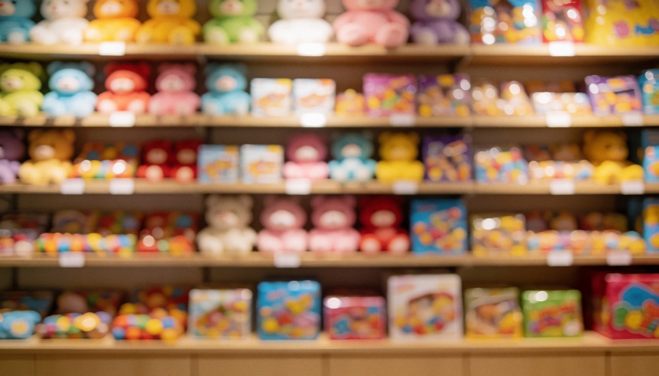 Out-of-focus shelves filled with dolls and gift boxes in a toy store, featuring warm lighting suitable for text overlay.