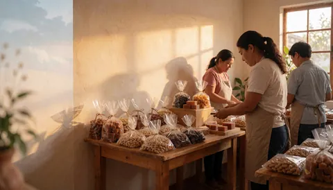Wooden tables filled with packaged party supplies in a shop setting under warm sunset lighting