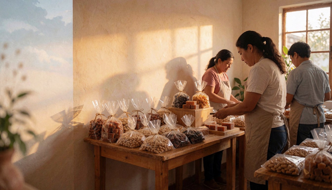 Wooden tables filled with packaged party supplies in a shop setting under warm sunset lighting