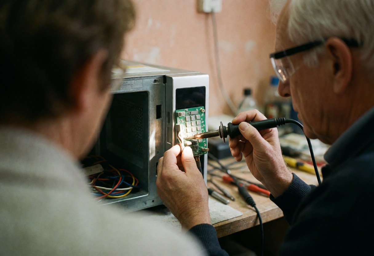 Close-up of a technician using a soldering iron to repair a circuit board inside an open microwave oven during a service call.