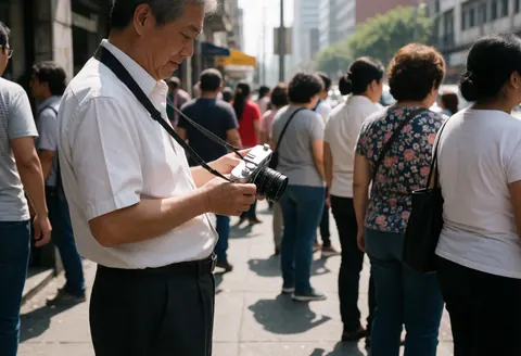 A documentary photographer adjusts a vintage camera on a busy street, capturing urban life with natural light and defined shadows.