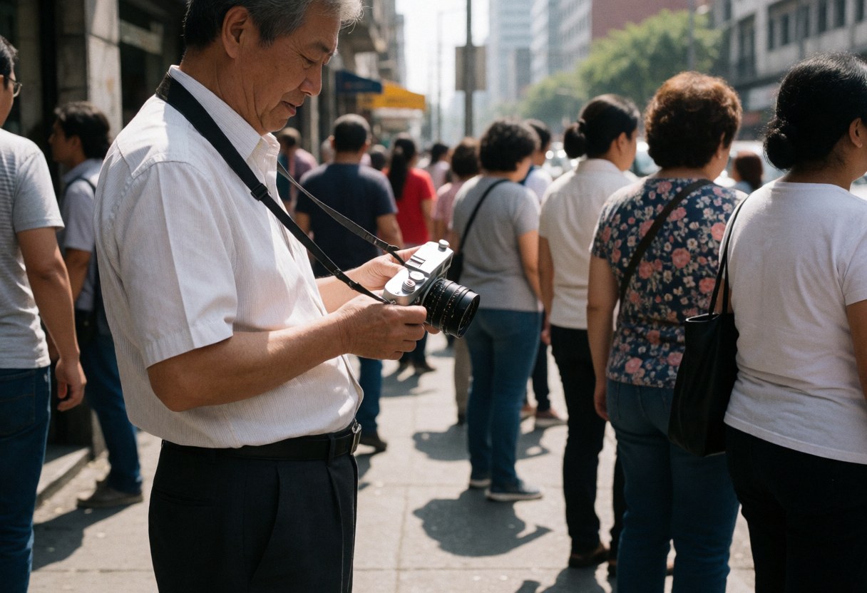 A documentary photographer adjusts a vintage camera on a busy street, capturing urban life with natural light and defined shadows.