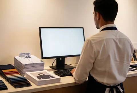 Textile printing employee working at a computer with fabric swatches and printed shirts on a well-lit desk