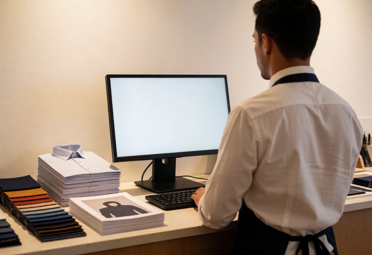 Textile printing employee working at a computer with fabric swatches and printed shirts on a well-lit desk