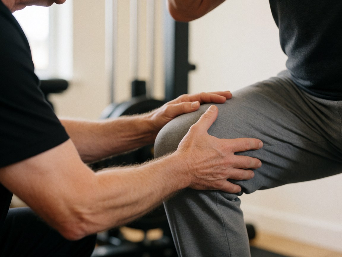 CrossFit coach adjusting a client's knee alignment during a squat exercise in a gym setting