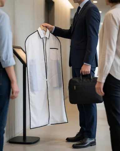 A man wearing a business suit is handed a protective bag containing clean clothes in the corridor of a contemporary apartment hotel.