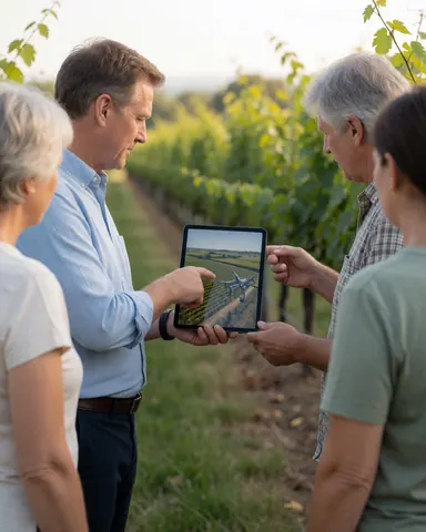 Aerial photographer displaying drone footage on a tablet to clients with a vineyard in the background.