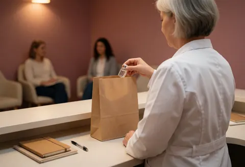 A professional in a white coat places a vial into a brown paper bag at a reception area with pink walls and waiting chairs.