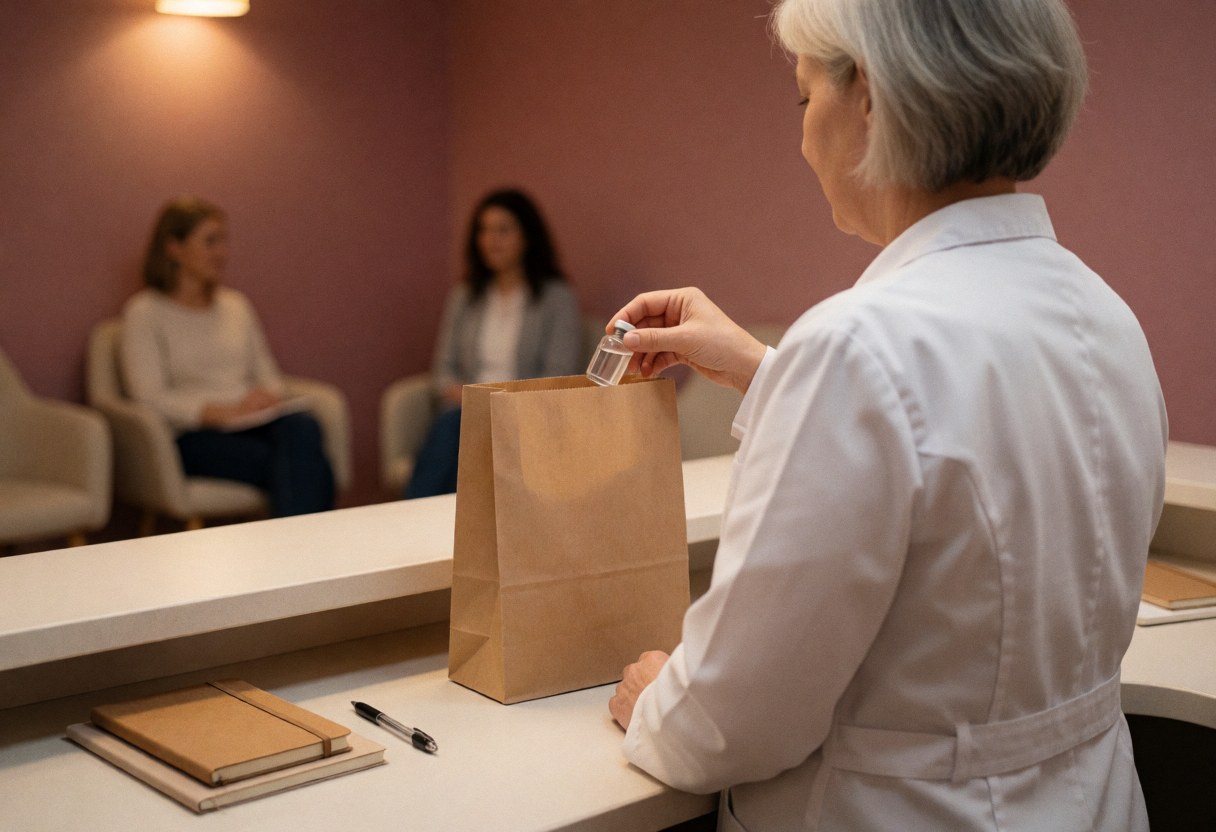 A professional in a white coat places a vial into a brown paper bag at a reception area with pink walls and waiting chairs.