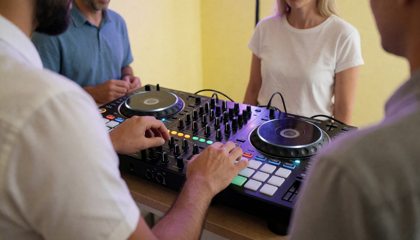 DJ mixing music with a MIDI controller at a party with stage lights and yellow walls