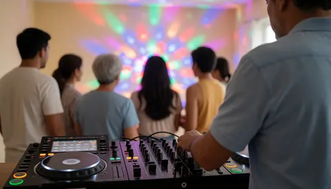 Professional DJ mixing music at a party with colorful lights, beige walls, and a blurred dancing crowd in the background.