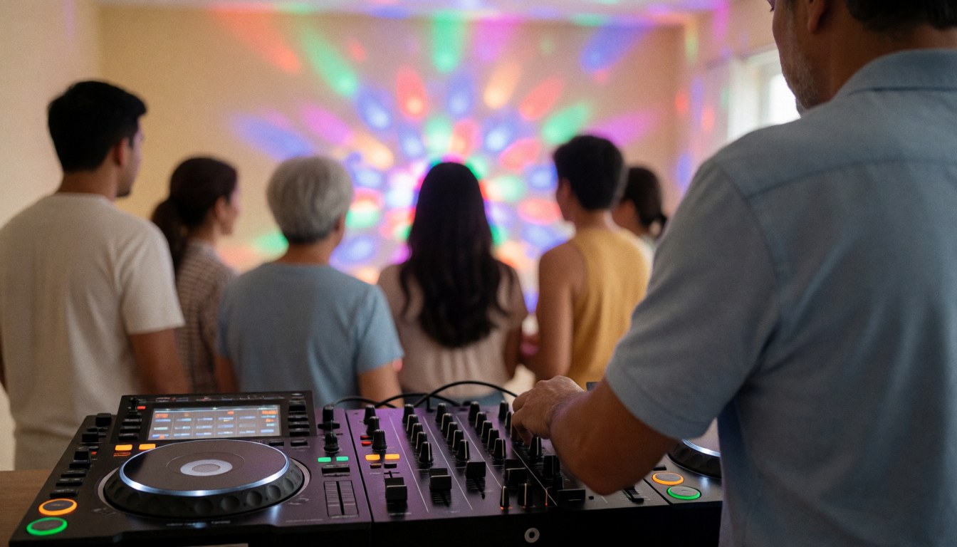 Professional DJ mixing music at a party with colorful lights, beige walls, and a blurred dancing crowd in the background.