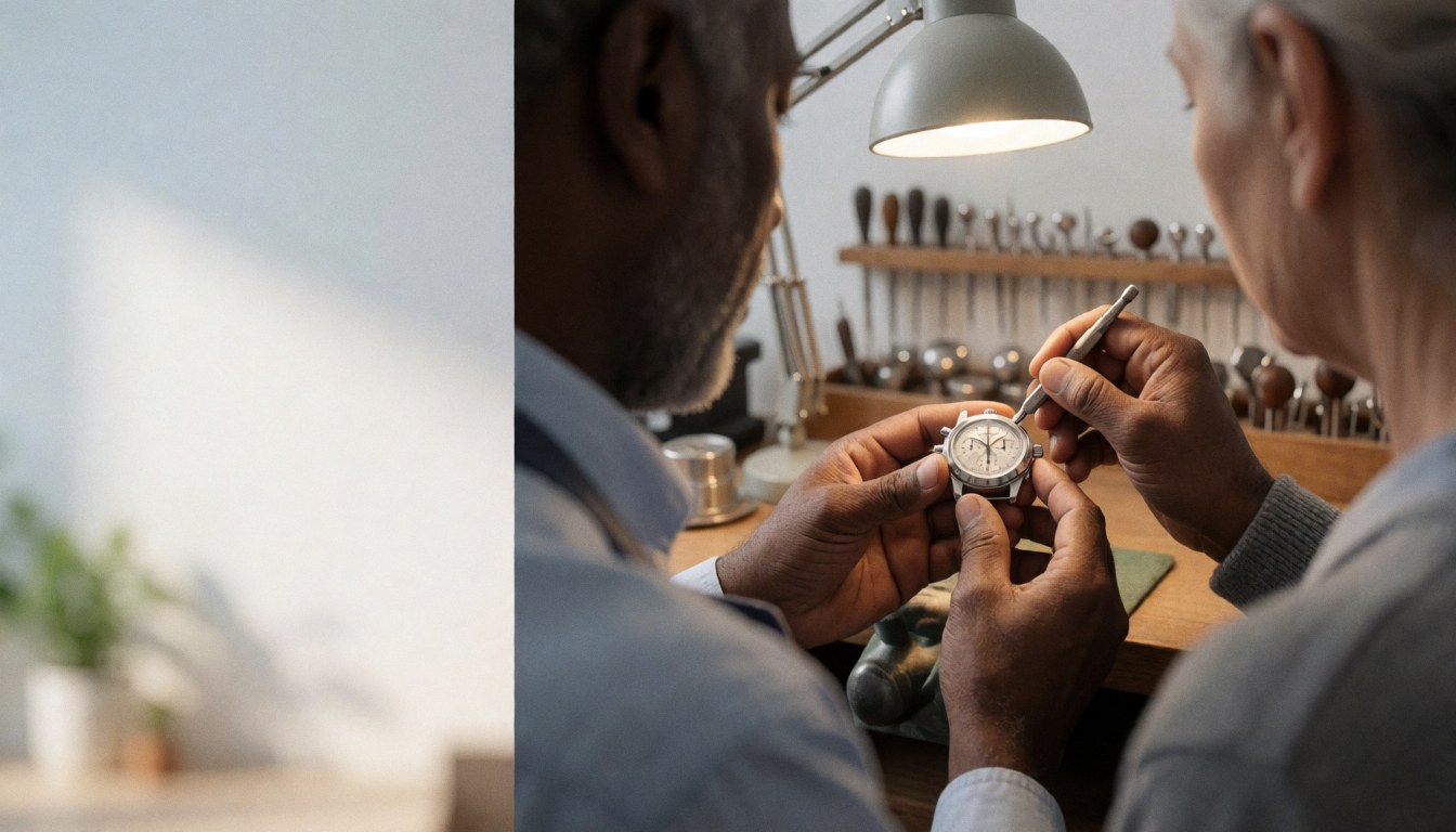 Close-up of watchmaker hands using fine tools to repair watch mechanisms in a clean, well-lit workshop.