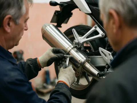 Mechanic wearing gloves adjusts a shiny exhaust pipe on a motorcycle in a workshop with terracotta plaster walls and visible adjustment tools
