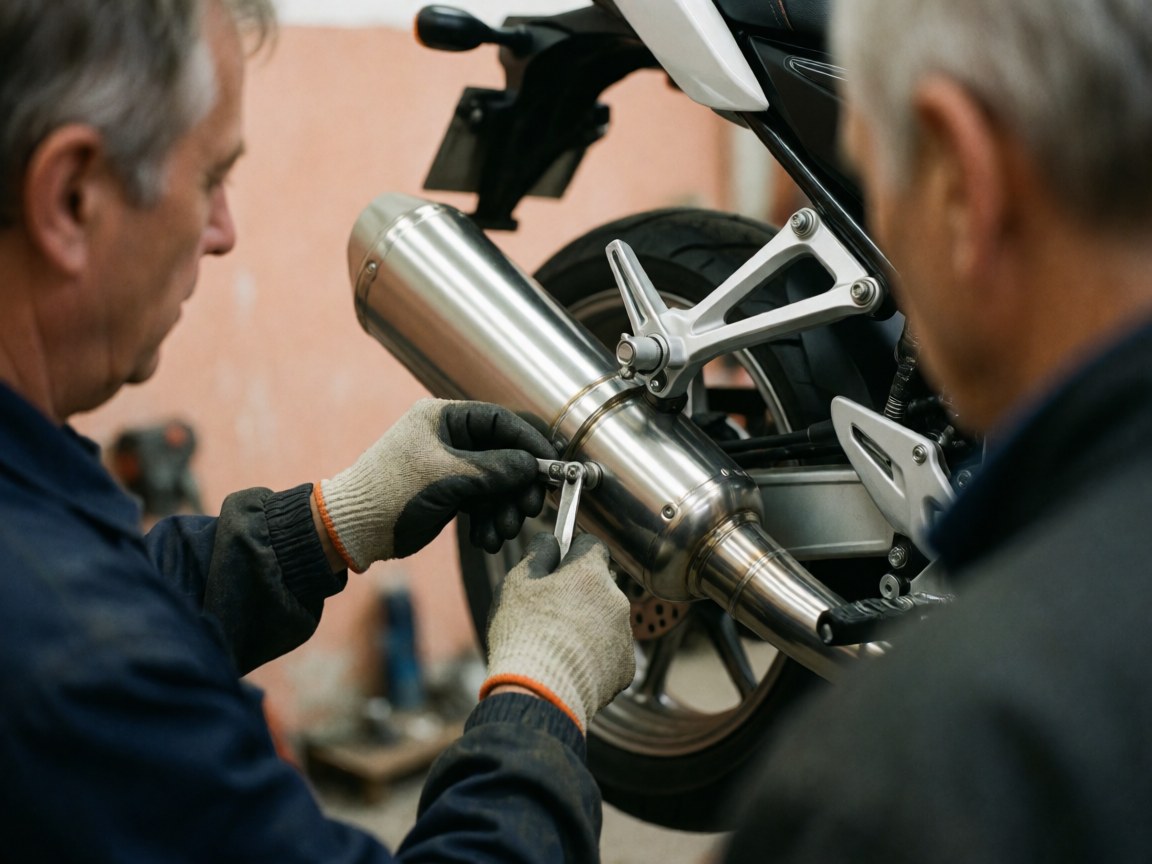 Mechanic wearing gloves adjusts a shiny exhaust pipe on a motorcycle in a workshop with terracotta plaster walls and visible adjustment tools
