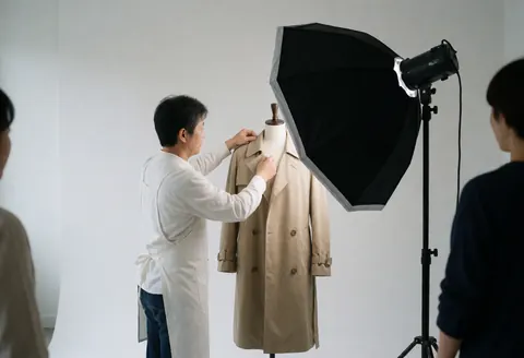 Photographer adjusting a beige jacket on a mannequin in a studio with a softbox and white background