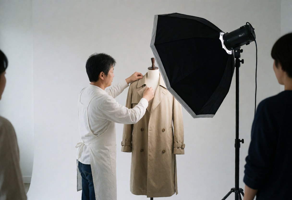 Photographer adjusting a beige jacket on a mannequin in a studio with a softbox and white background
