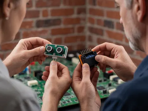 Hands assembling an ultrasonic sensor and servo motor on a green circuit board against a red brick wall.