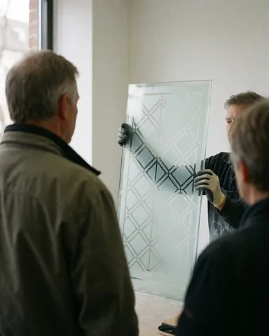 A client observes a geometric patterned glass panel in a glazier shop with white walls and natural light.