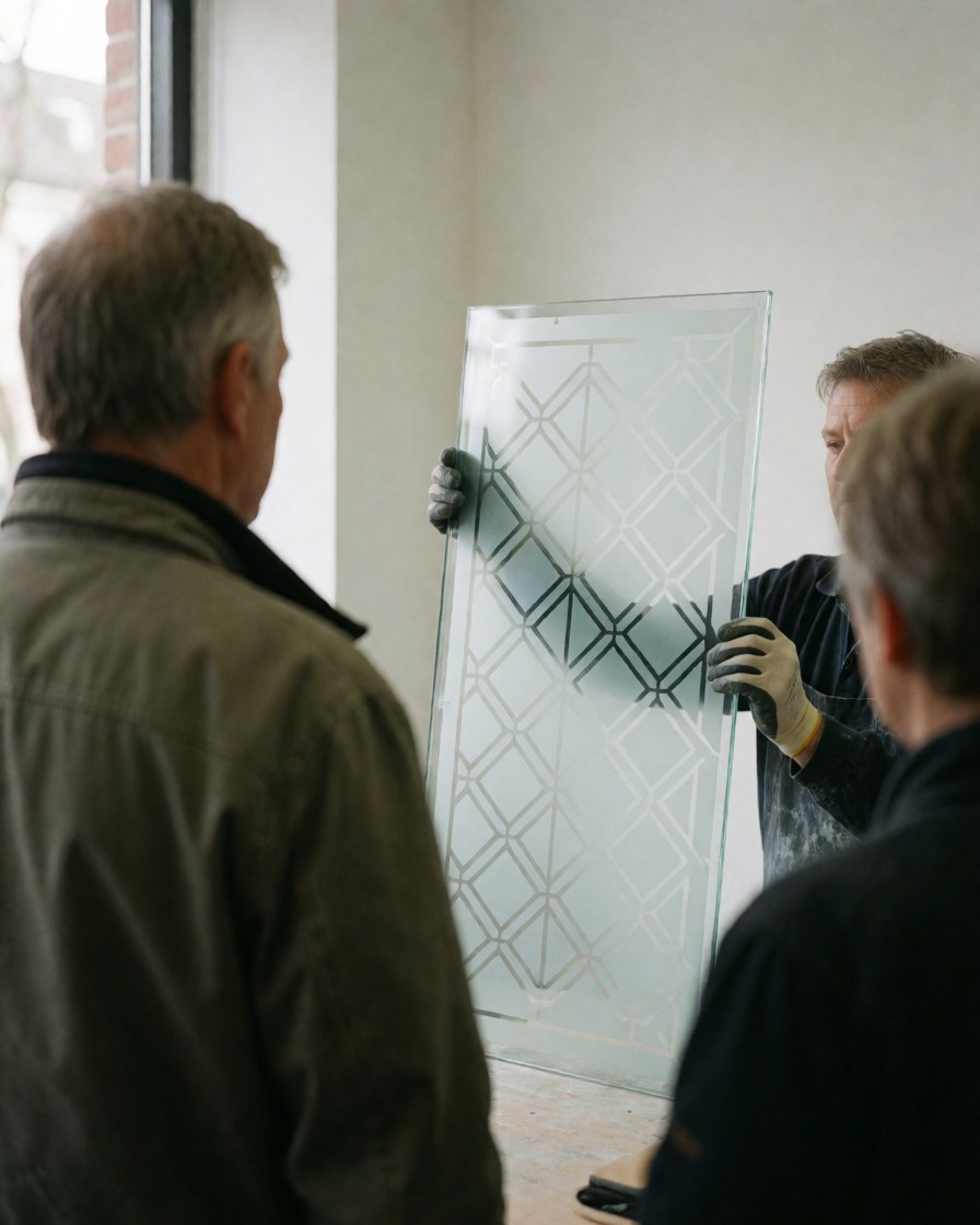 A client observes a geometric patterned glass panel in a glazier shop with white walls and natural light.