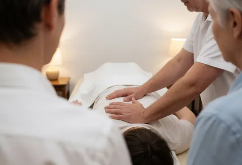 Therapist performing back massage on patient lying on a treatment table in a homeopathy clinic with warm lighting and white walls