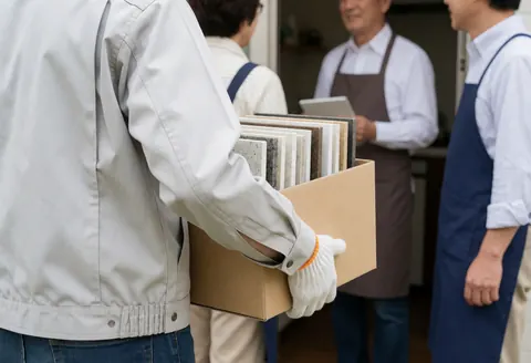 Worker wearing gloves carries a box of countertop samples toward a kitchen with other professionals in the background