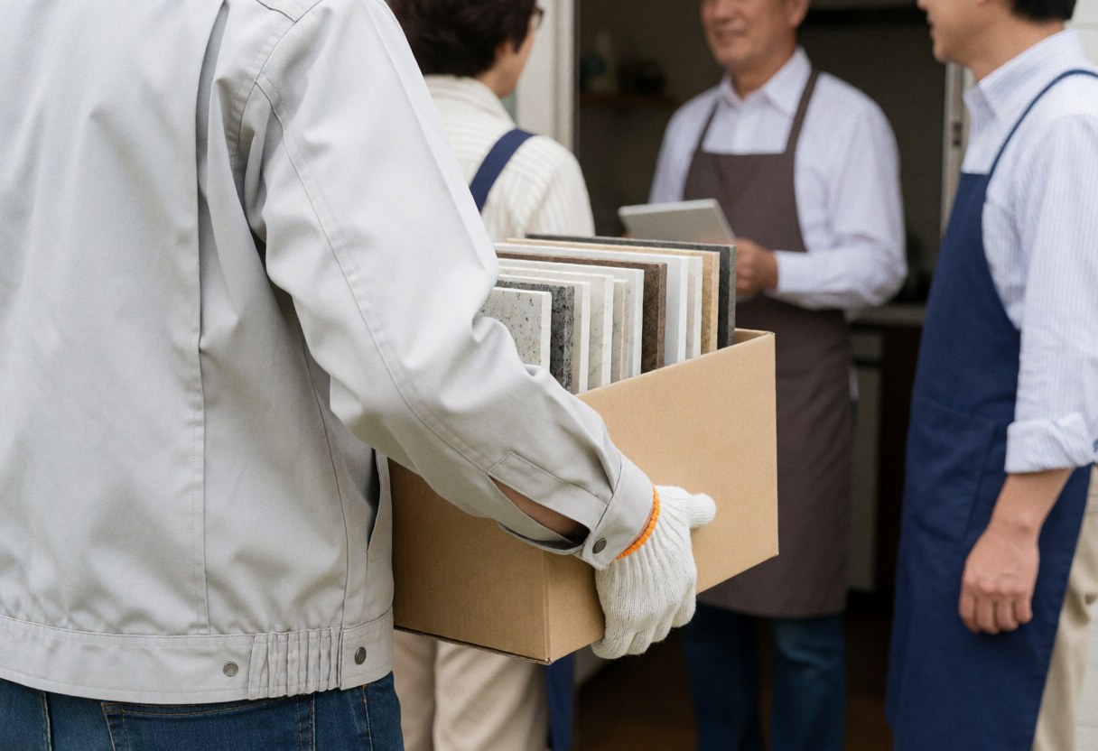 Worker wearing gloves carries a box of countertop samples toward a kitchen with other professionals in the background
