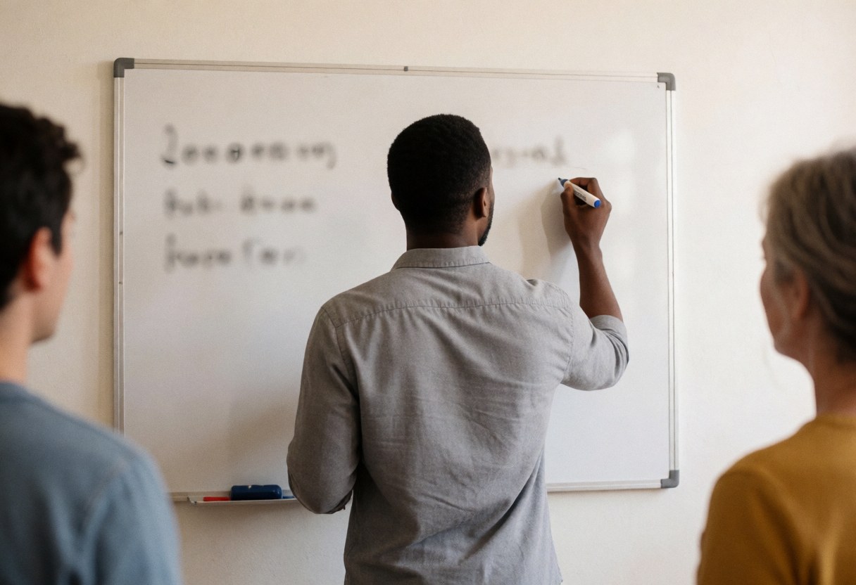 Instructor writing code on a whiteboard in a bright classroom with natural light, illustrating a programming lesson.