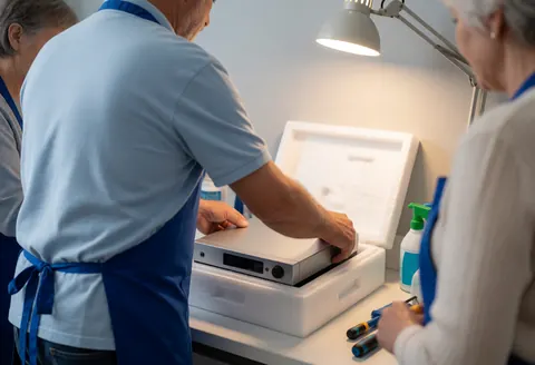 A technician wearing a blue apron places a video game console into a protective foam box inside a repair workshop.
