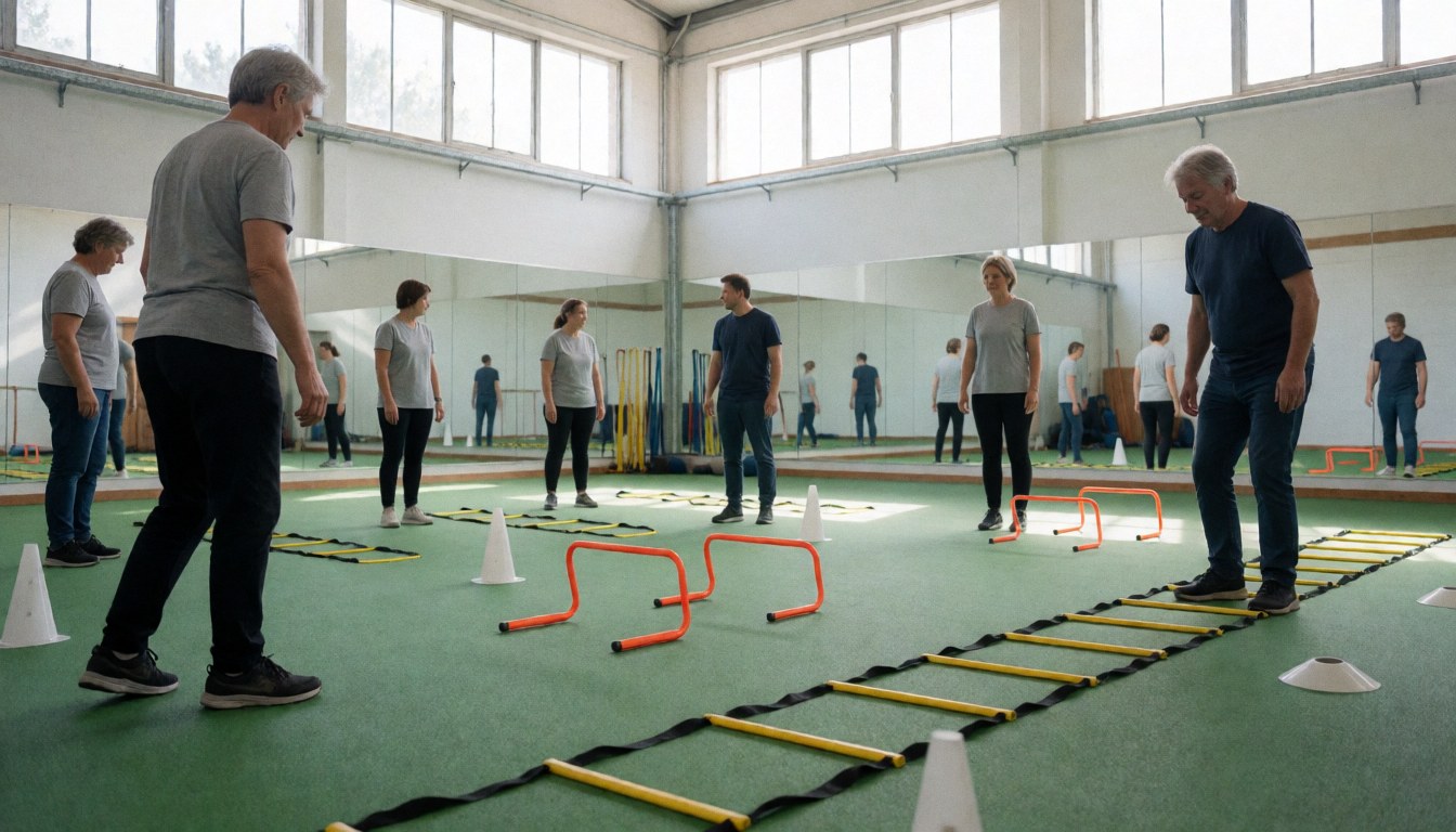 Group of adults training indoors with yellow agility ladder, orange hurdles, and white cones on green floor reflected in mirrors
